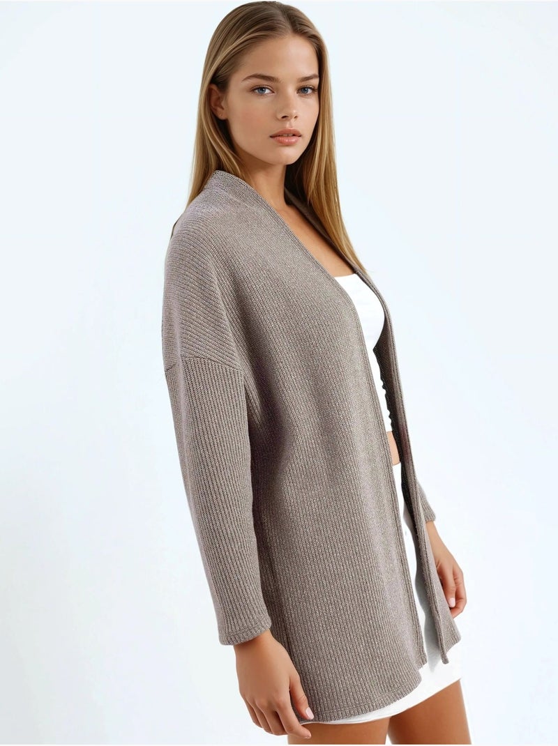 Chaqueta larga de cuello abierto de punto de lúrex busem Greige - Kiabi