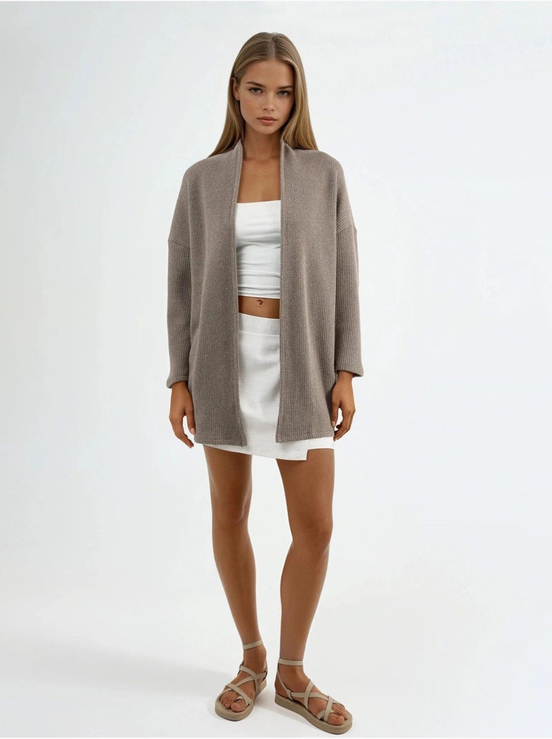 Chaqueta larga de cuello abierto de punto de lúrex busem Greige - Kiabi