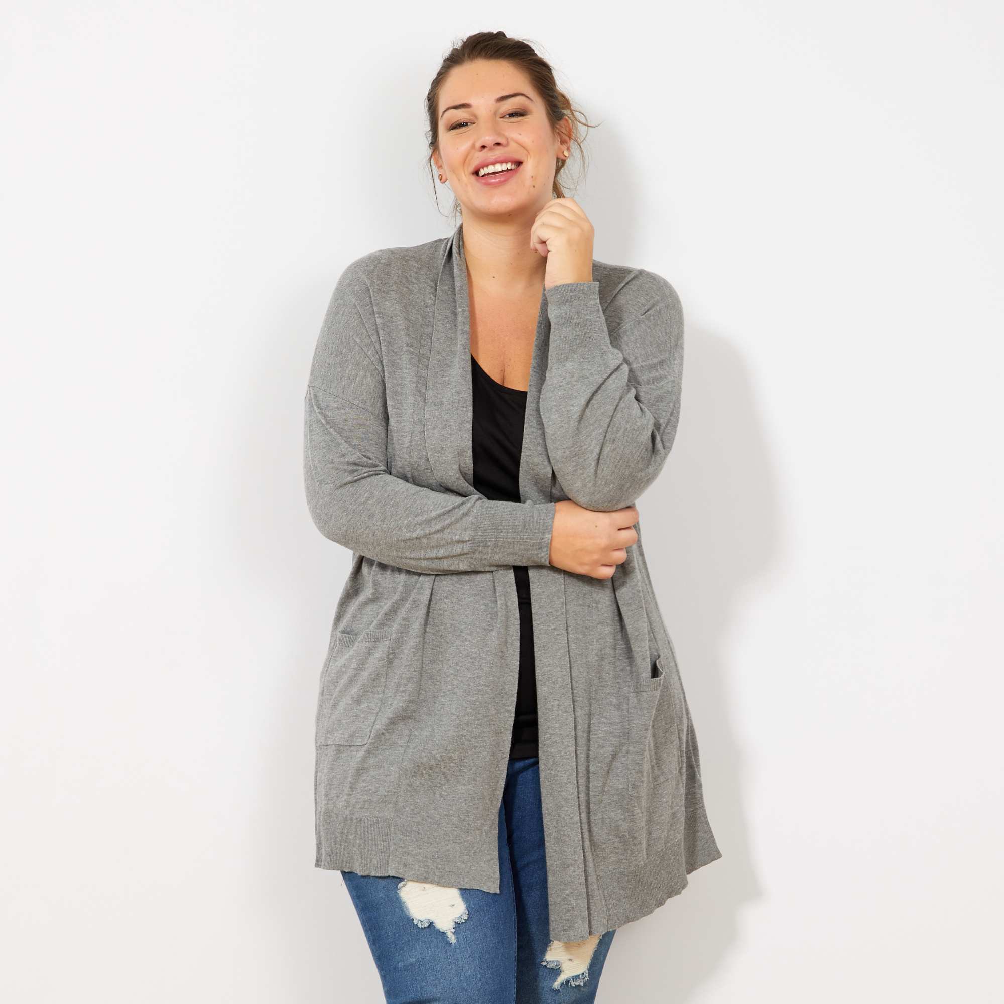 Chaqueta larga de punto fino con 2 bolsillos Tallas grandes mujer