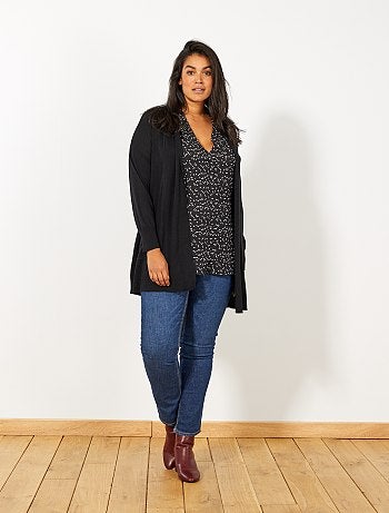 Tallas grandes mujer - Chaqueta larga de punto fino con 2 bolsillos - Kiabi