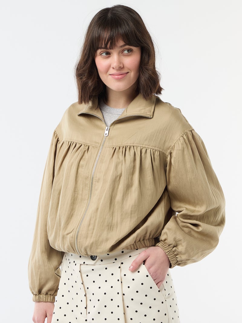 Chaqueta lisa con cremallera y mangas abullonadas Beige - Kiabi