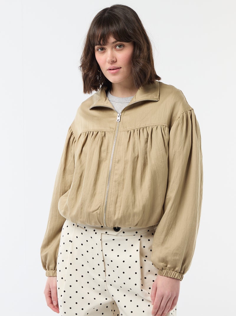 Chaqueta lisa con cremallera y mangas abullonadas Beige - Kiabi