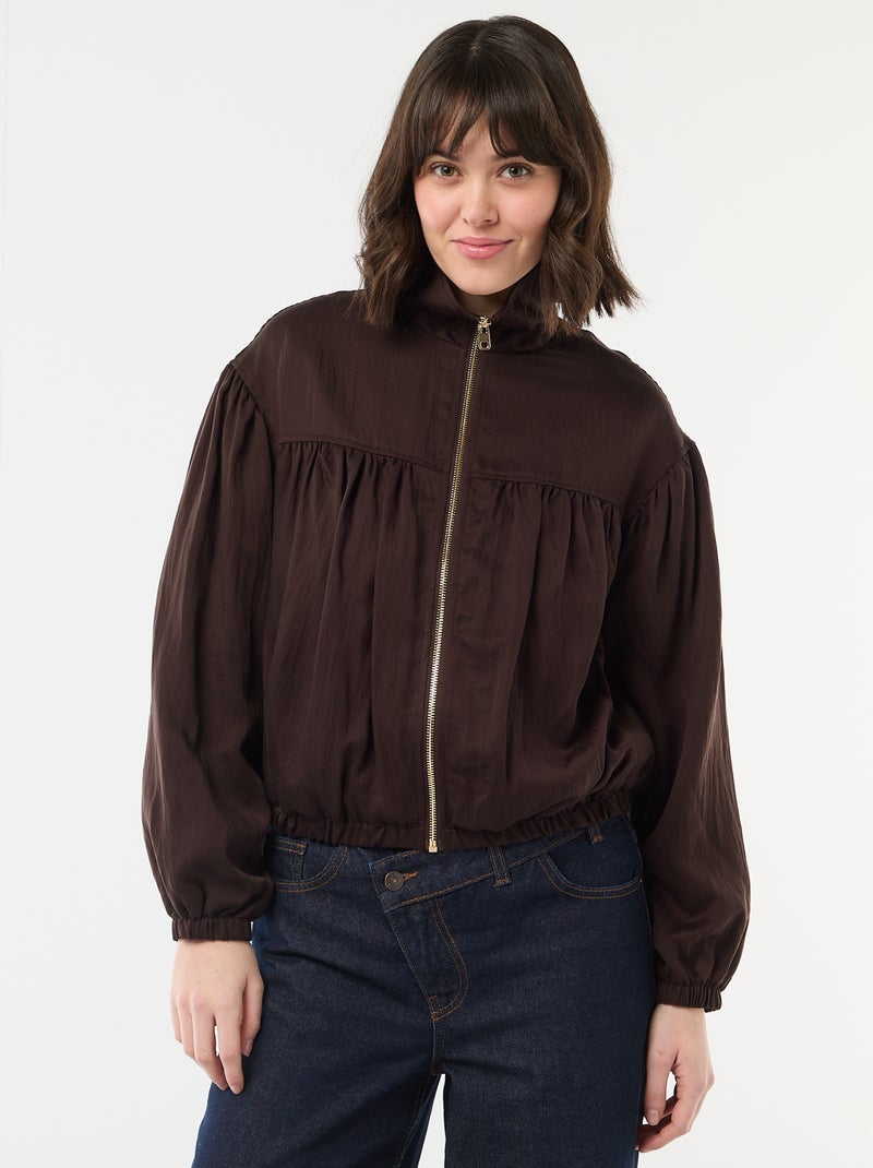Chaqueta lisa con cremallera y mangas abullonadas Marron - Kiabi