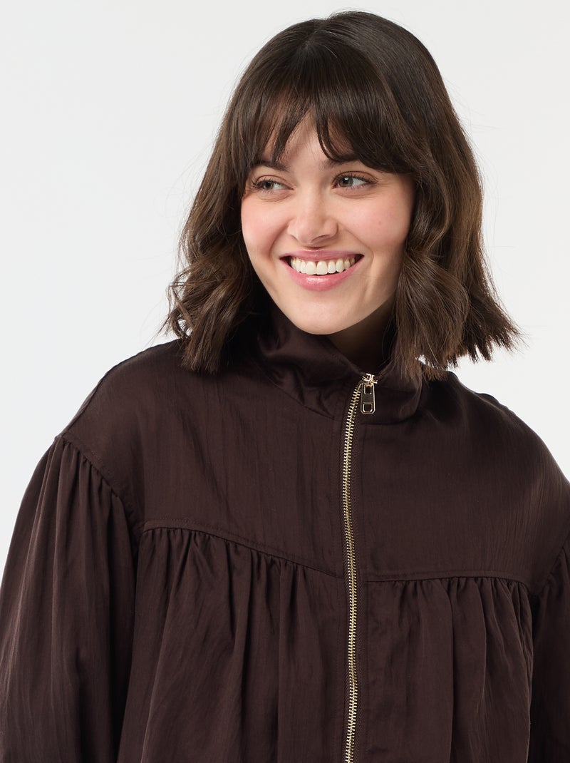 Chaqueta lisa con cremallera y mangas abullonadas Marron - Kiabi