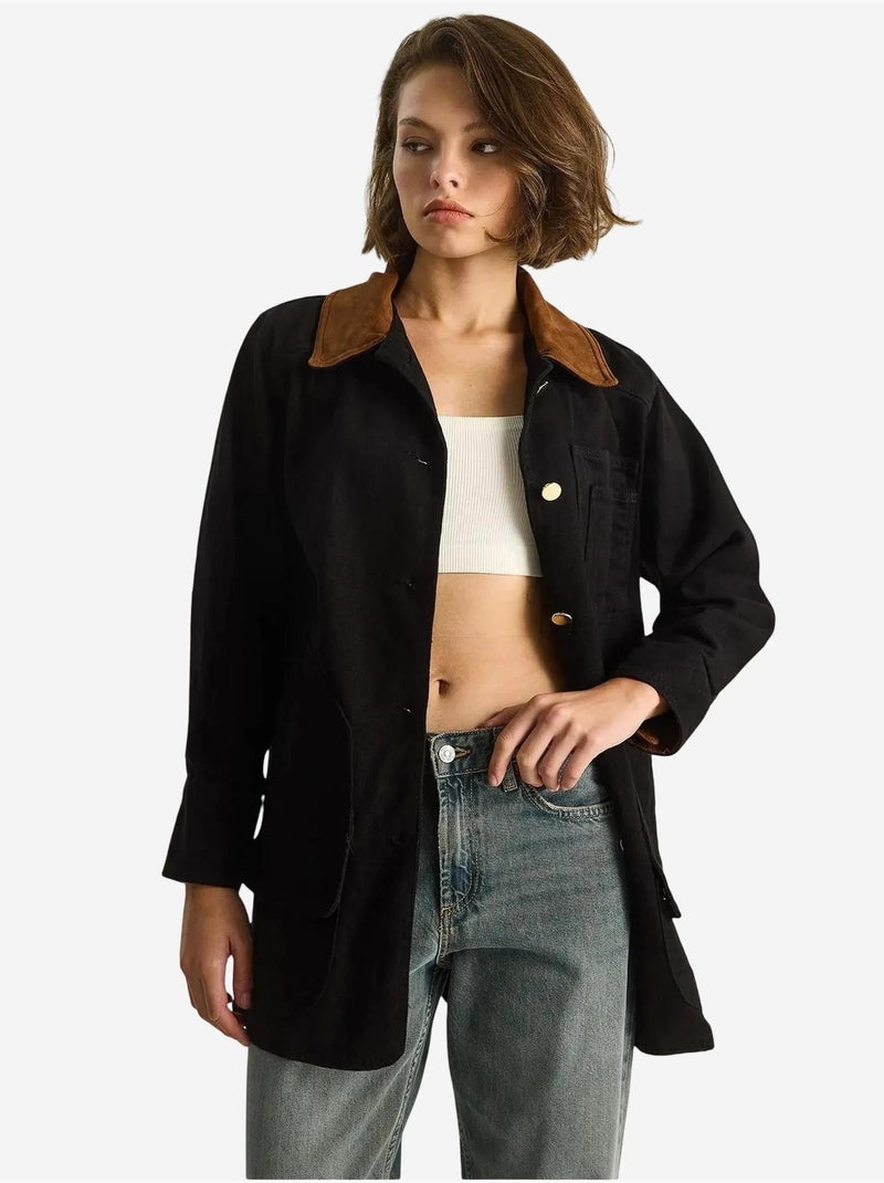 Chaqueta midi abotonada de ante sintético con cuello de camisa lucci Negro - Kiabi