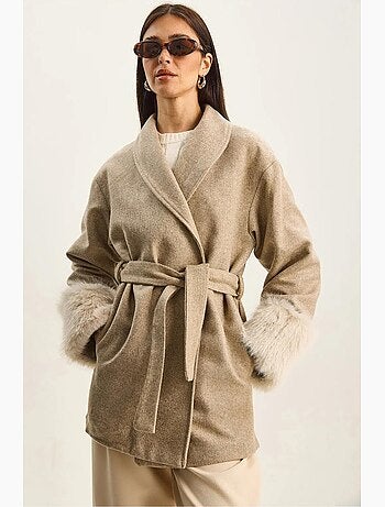 Chaqueta oversize de fieltro con cuello chal y puños de pelo sintético lucci