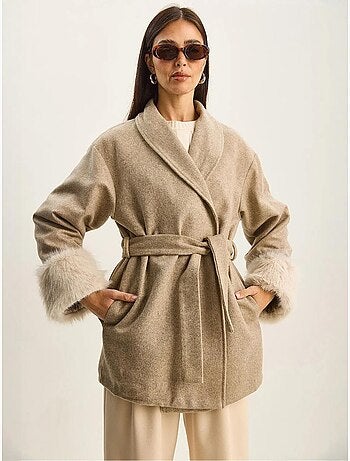 Chaqueta oversize de fieltro con cuello chal y puños de pelo sintético lucci