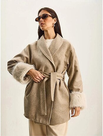 Chaqueta oversize de fieltro con cuello chal y puños de pelo sintético lucci