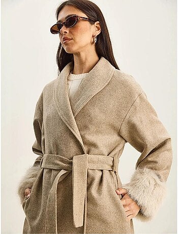 Chaqueta oversize de fieltro con cuello chal y puños de pelo sintético lucci