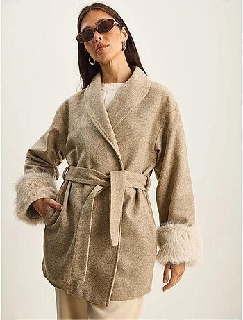 Chaqueta oversize de fieltro con cuello chal y puños de pelo sintético lucci