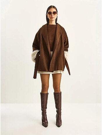 Chaqueta oversize de fieltro con cuello chal y puños de pelo sintético lucci