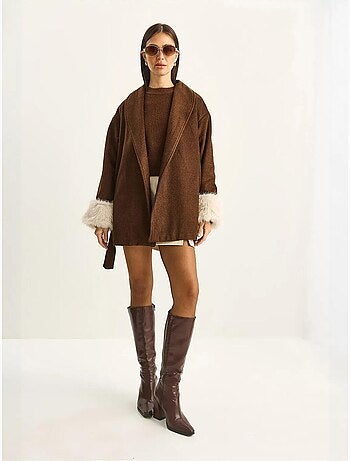 Chaqueta oversize de fieltro con cuello chal y puños de pelo sintético lucci