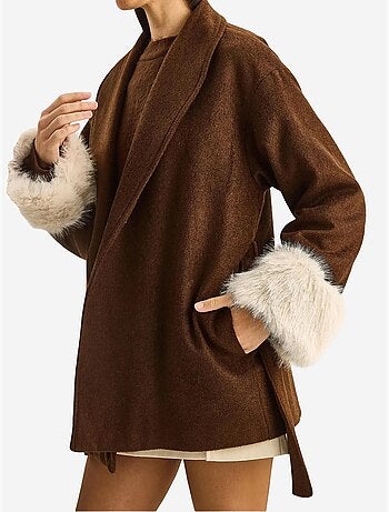 Chaqueta oversize de fieltro con cuello chal y puños de pelo sintético lucci