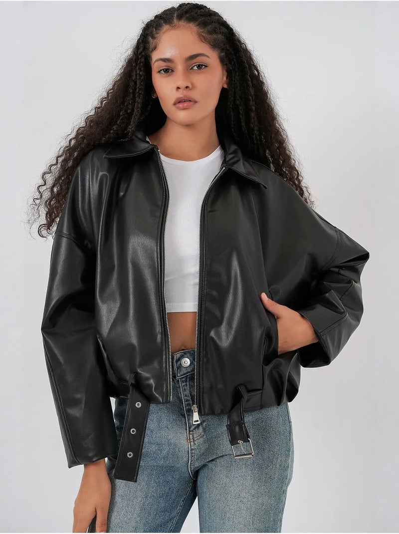Chaqueta oversize de piel sintética con cinturón bdart Negro - Kiabi