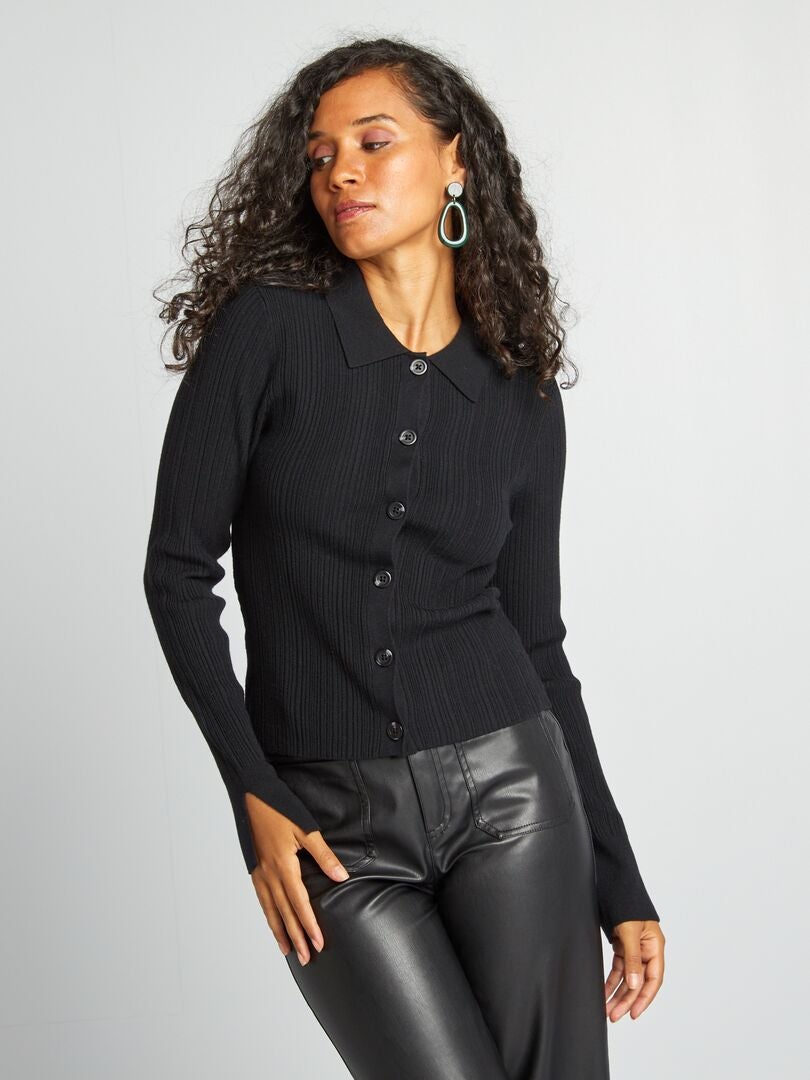 Chaqueta polo de punto de canalé negro - Kiabi