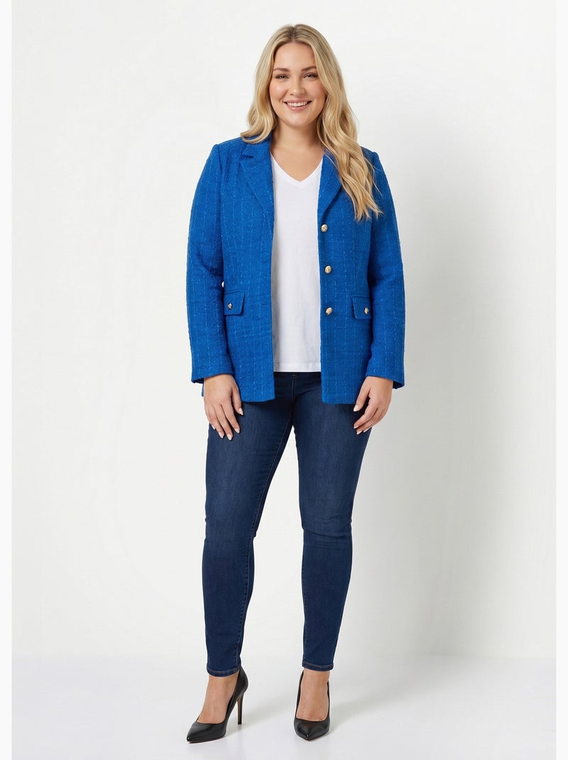 Chaqueta recta abotonada en tejido de cesta con cuello sastre - Afibel Azul - Kiabi