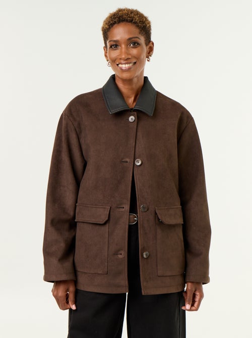 Chaqueta recta de antelina con cuello de polipiel - Kiabi