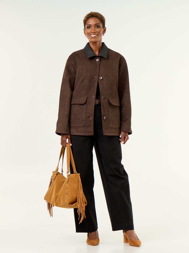 Chaqueta recta de antelina con cuello de polipiel Marron - Kiabi