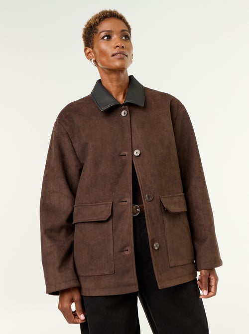 Chaqueta recta de antelina con cuello de polipiel - Kiabi