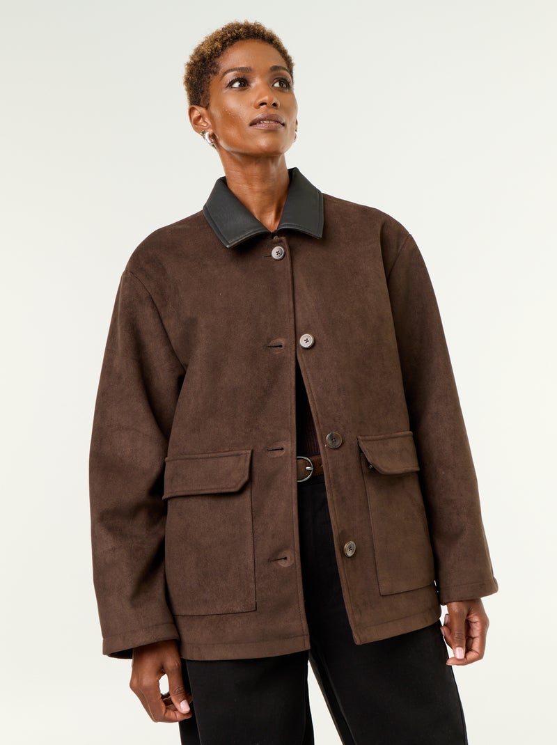 Chaqueta recta de antelina con cuello de polipiel Marron - Kiabi