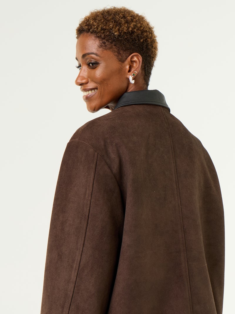 Chaqueta recta de antelina con cuello de polipiel Marron - Kiabi