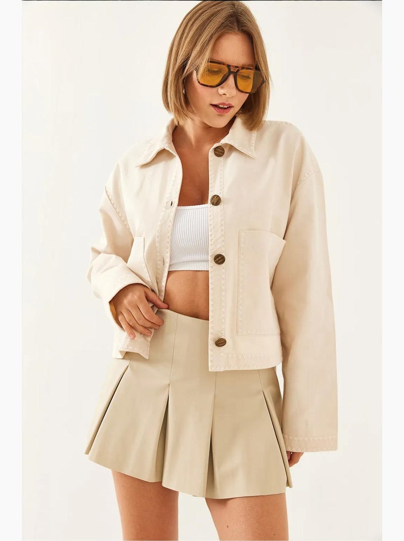 Chaqueta tejida corta bordada con cuello camisero lucci Beige arcilla - Kiabi