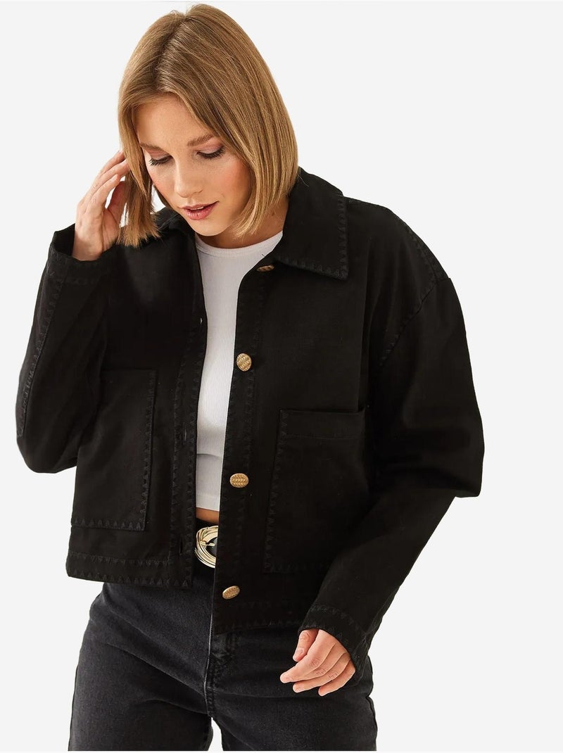 Chaqueta tejida corta bordada con cuello camisero lucci Negro - Kiabi