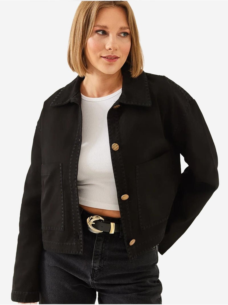 Chaqueta tejida corta bordada con cuello camisero lucci Negro - Kiabi