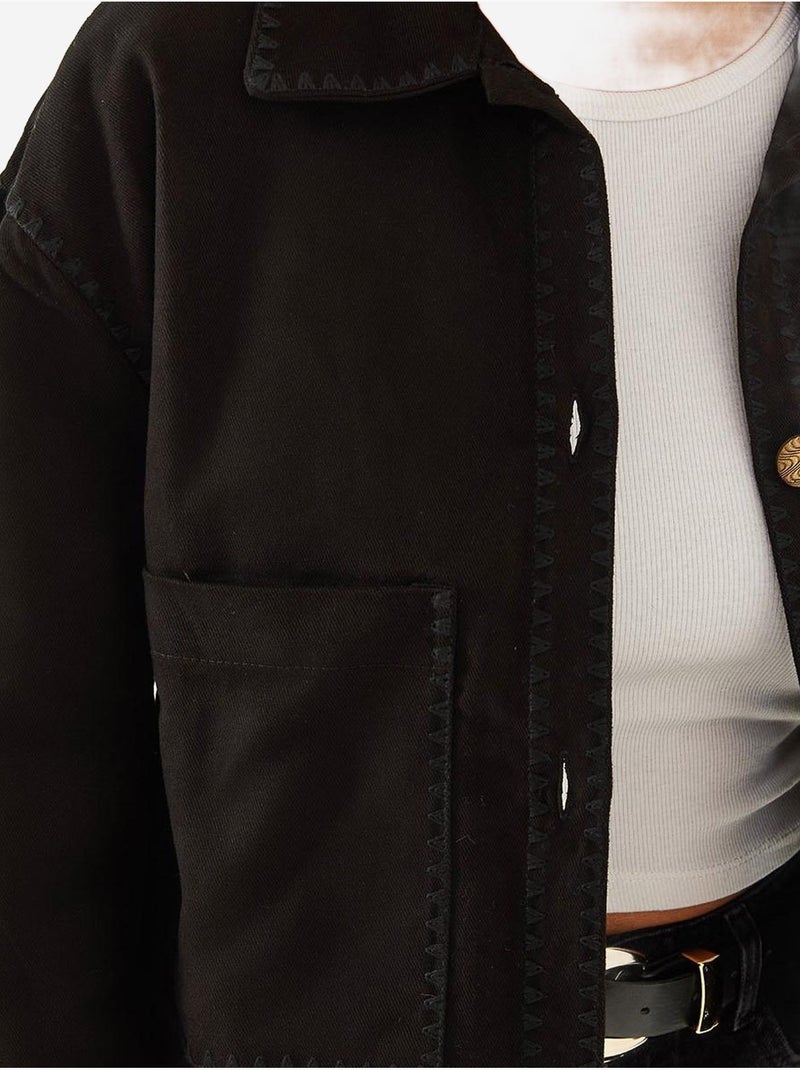 Chaqueta tejida corta bordada con cuello camisero lucci Negro - Kiabi