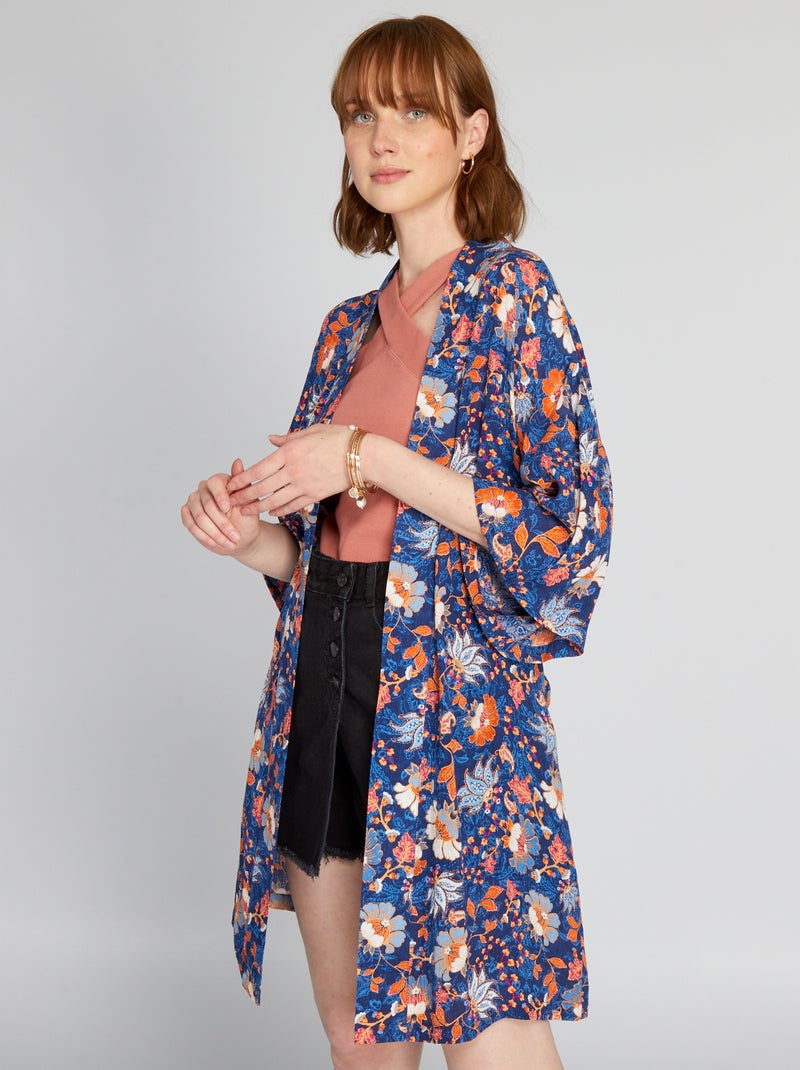 Chaqueta tipo kimono estampada con cinturón AZUL - Kiabi