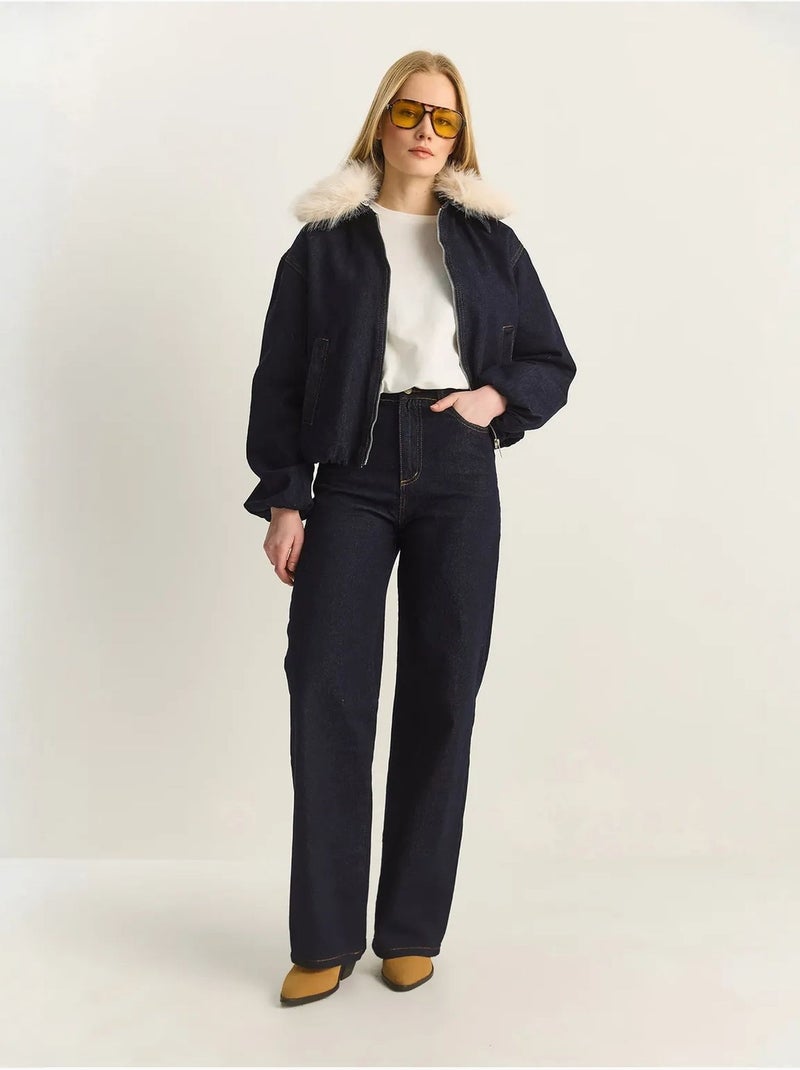 Chaqueta vaquera corta con detalle de piel sintética lucci Azul marino - Kiabi