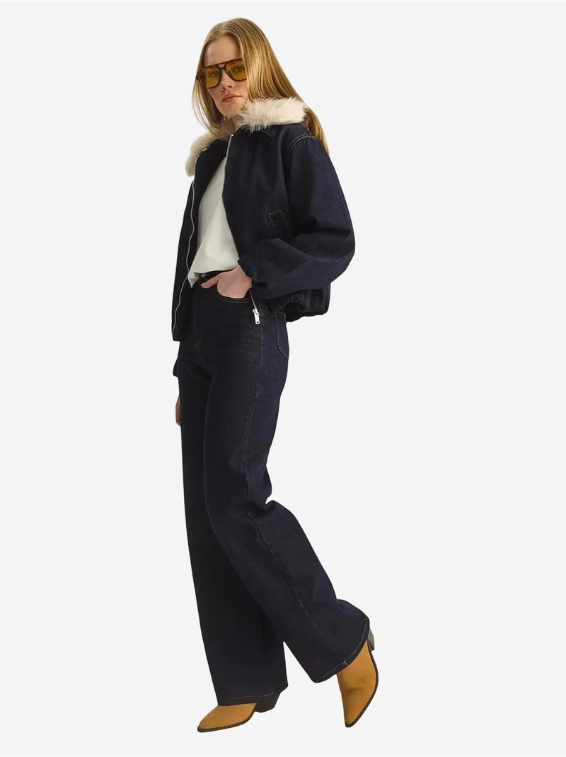 Chaqueta vaquera corta con detalle de piel sintética lucci Azul marino - Kiabi