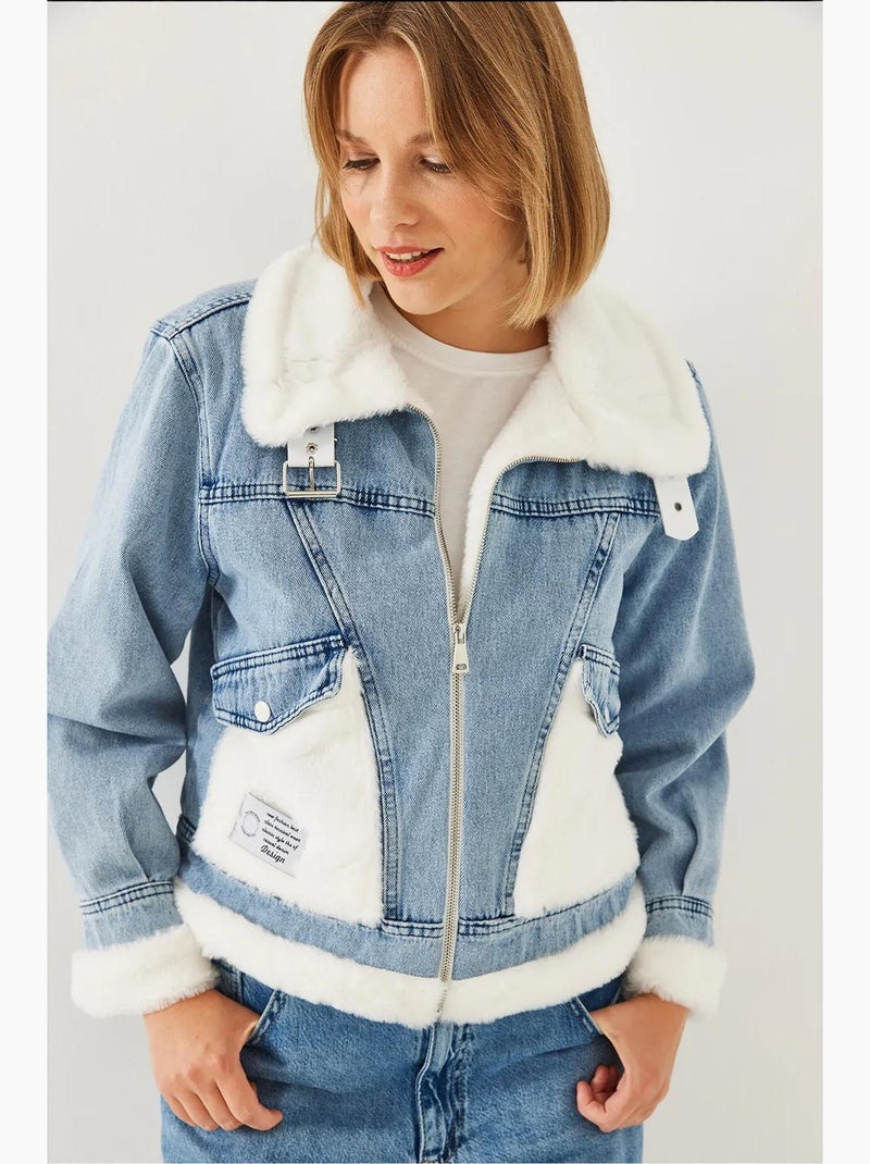 Chaqueta vaquera de piel sintética con cinturón lucci Azul claro - Kiabi