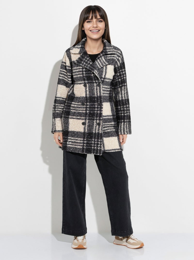 Chaquetón largo a cuadros estilo lana bouclé - Afibel Negro Crudo - Kiabi