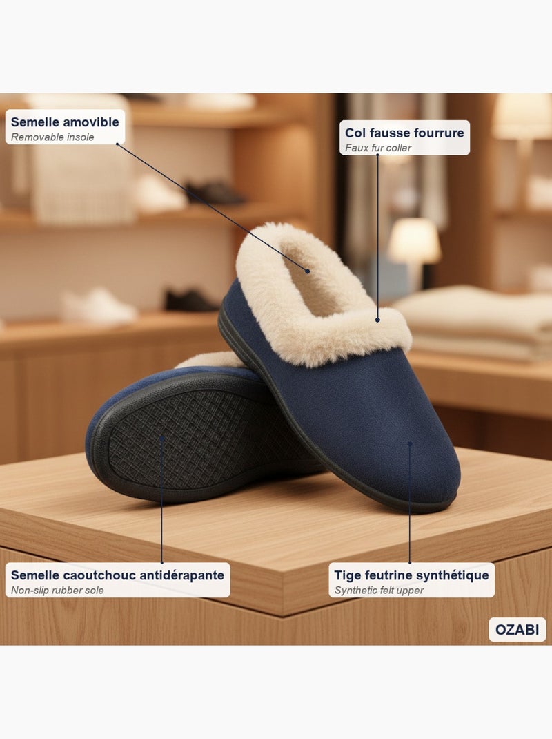 Charentaisas mujer invierno ozabi, fieltro liso, cuello pelo sintético, forradas Azul marino - Kiabi