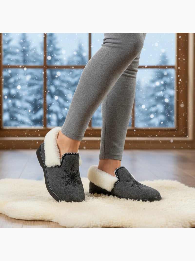 Charentaisas mujer ozabi invierno, bordado copo de nieve, cuello peluche, suela extraíble Azul antracita - Kiabi