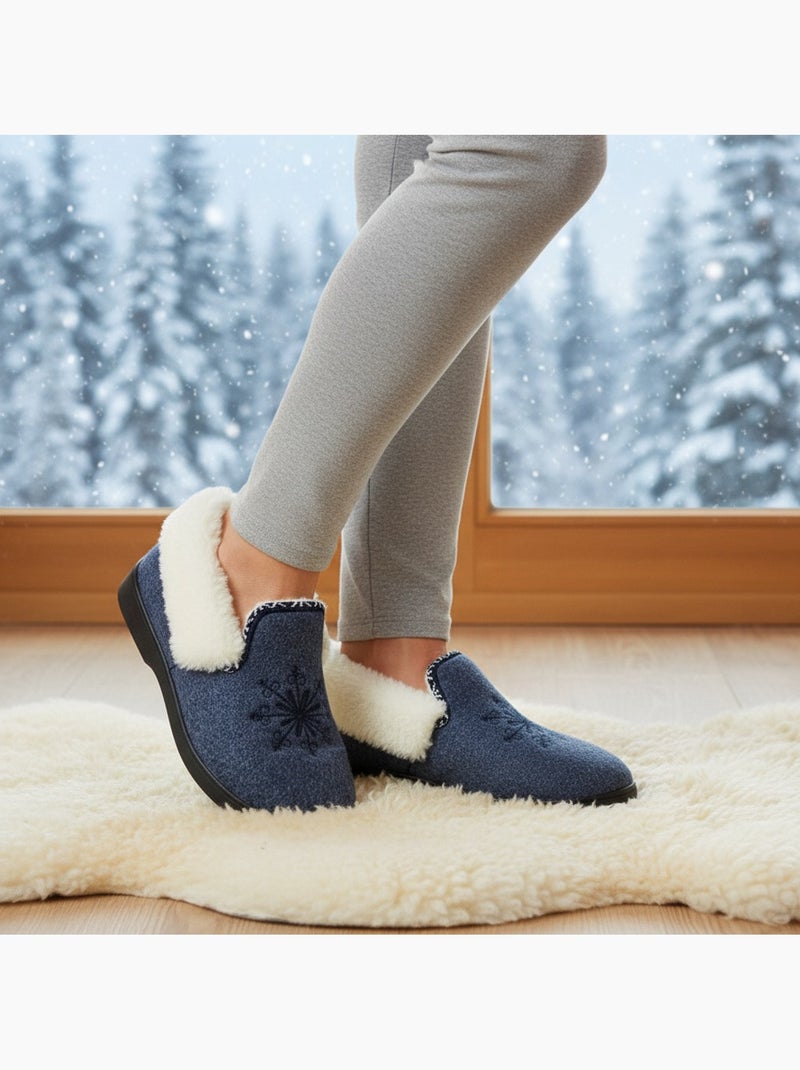 Charentaisas mujer ozabi invierno, bordado copo de nieve, cuello peluche, suela extraíble Azul marino - Kiabi