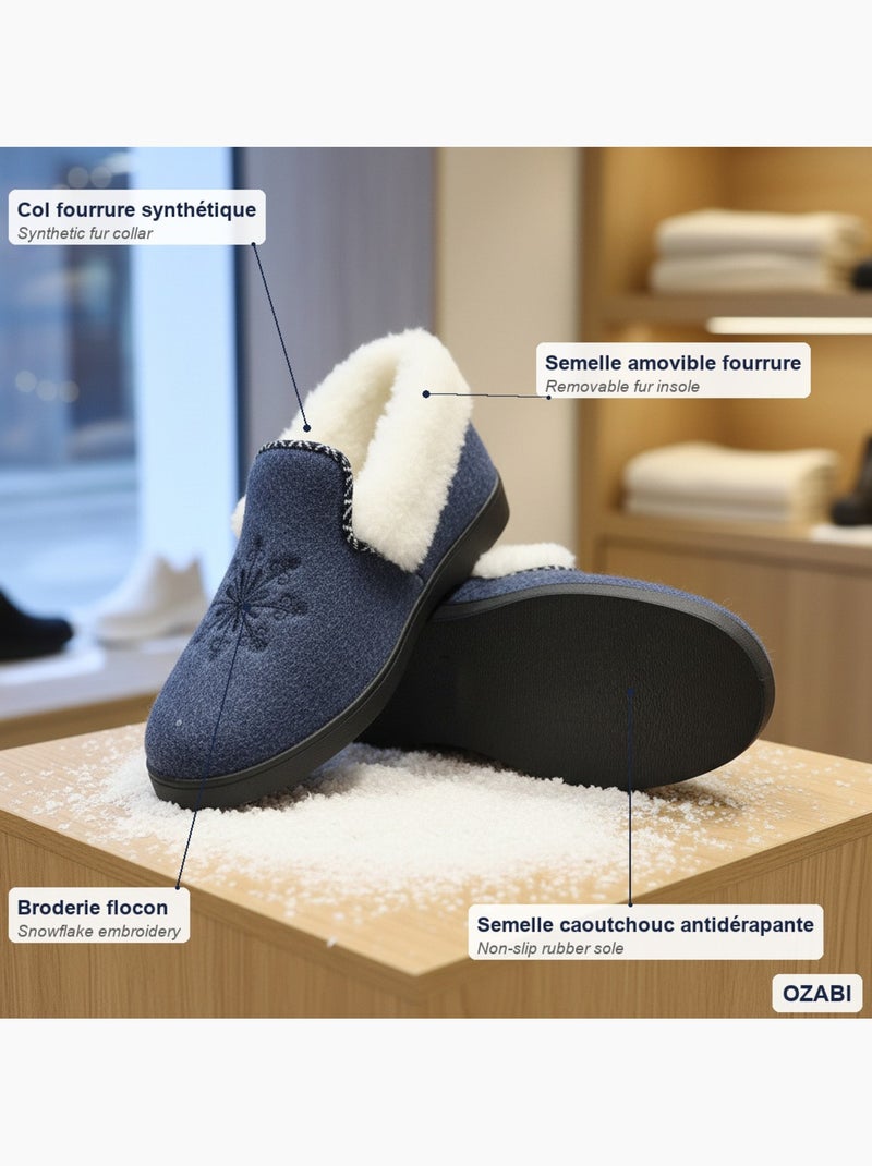 Charentaisas mujer ozabi invierno, bordado copo de nieve, cuello peluche, suela extraíble Azul marino - Kiabi