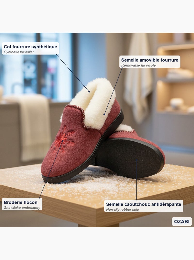 Charentaisas mujer ozabi invierno, bordado copo de nieve, cuello peluche, suela extraíble Burdeos - Kiabi