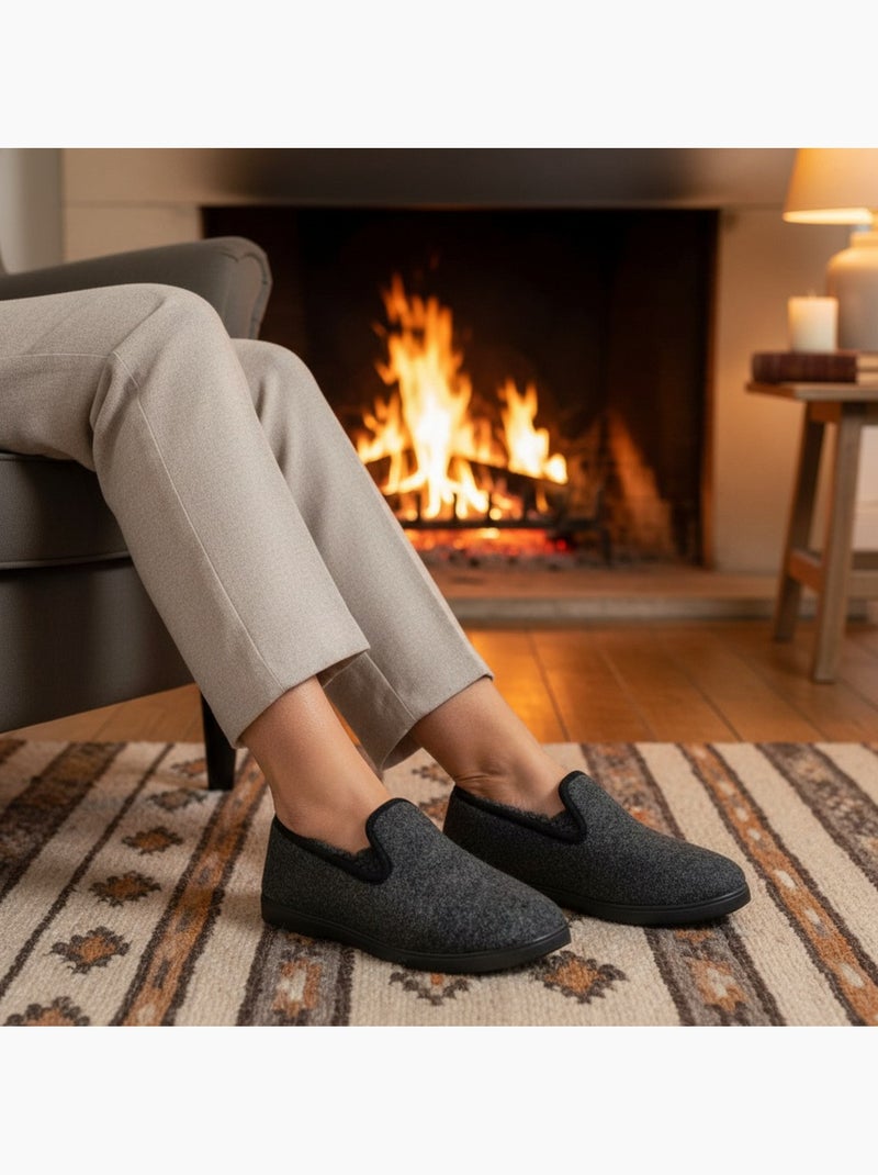 Charentaises mujer invierno ozabi, fieltro moteado, forradas, suela extraíble Azul antracita - Kiabi