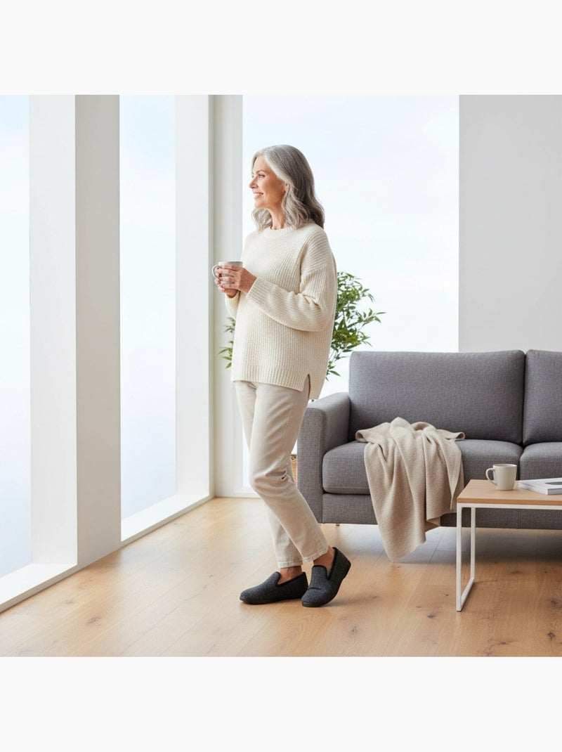 Charentaises mujer invierno ozabi, fieltro moteado, forradas, suela extraíble Azul antracita - Kiabi