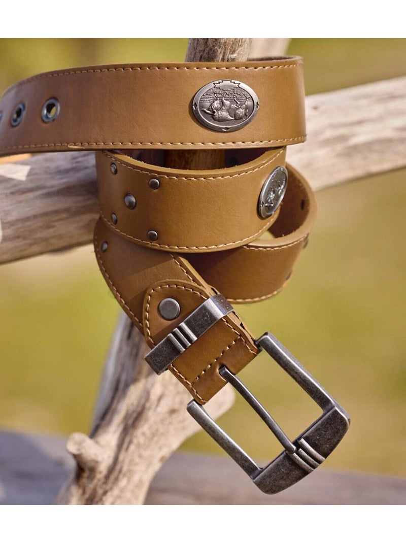 Cinturón de cuero con remaches y medallones metálicos Camel - Kiabi