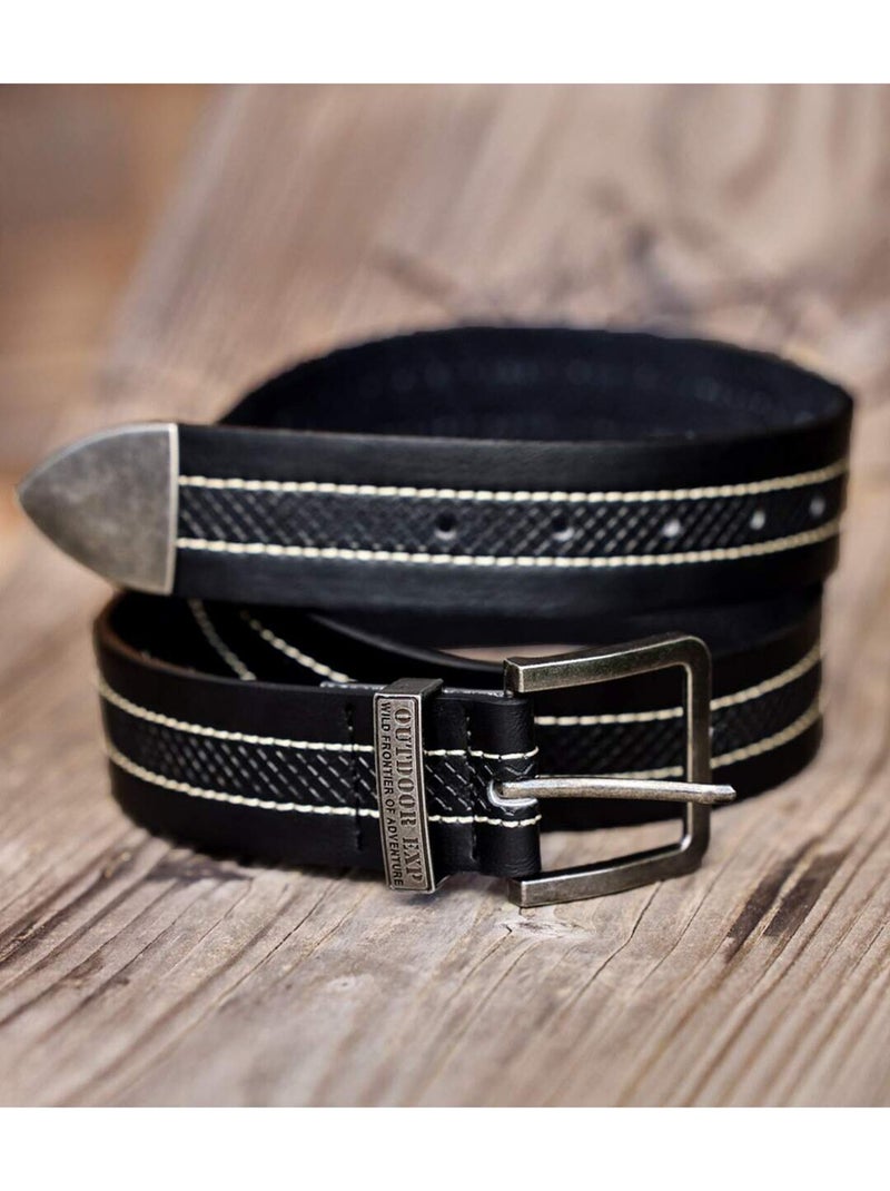 Cinturón de piel con costuras de talabartería y hebilla cuadrada de metal grabado Negro - Kiabi