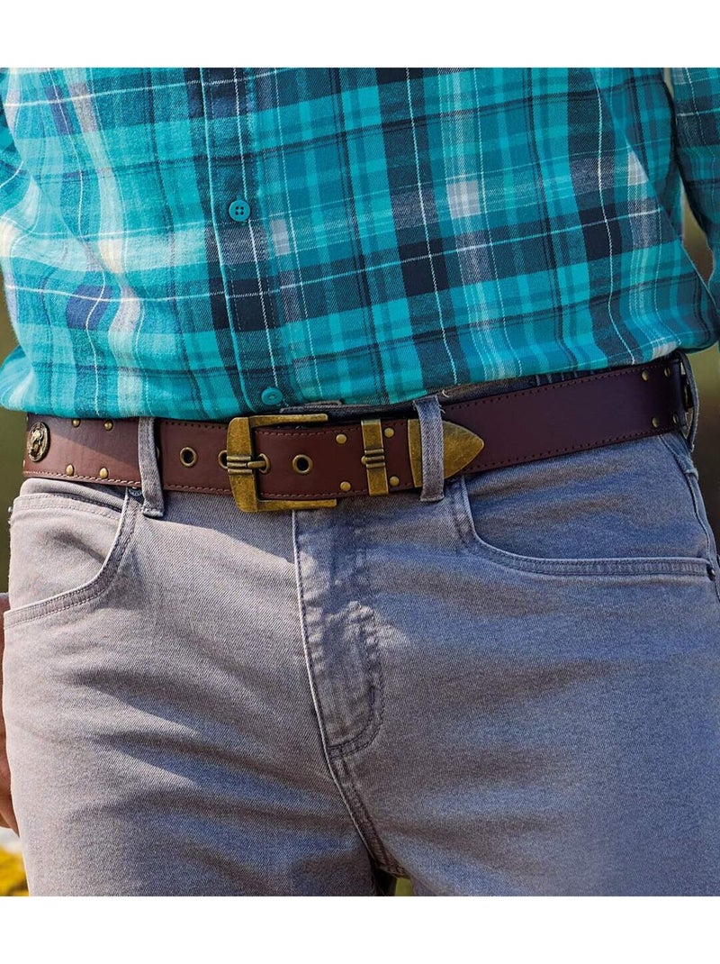 Cinturón tachonado de serraje de piel con recubrimiento sintético Camel - Kiabi