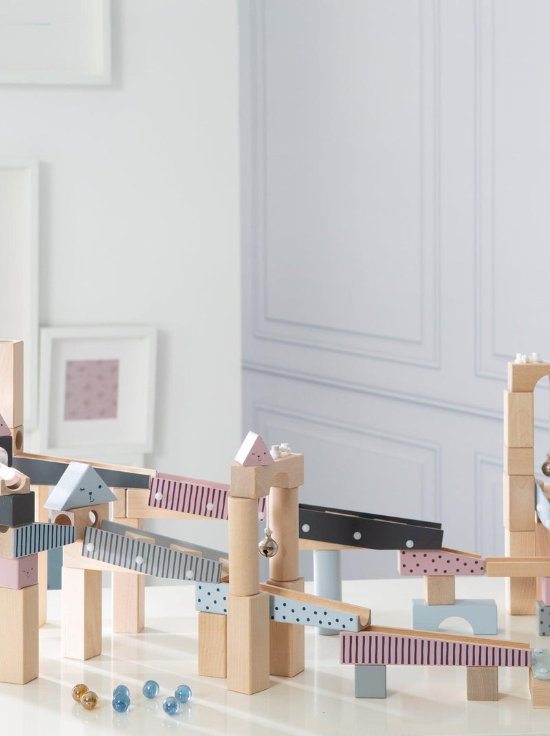 Circuito de canicas para niños - 80 bloques de construcción en madera + 20 canicas 'Roba' Gris amarillo - Kiabi