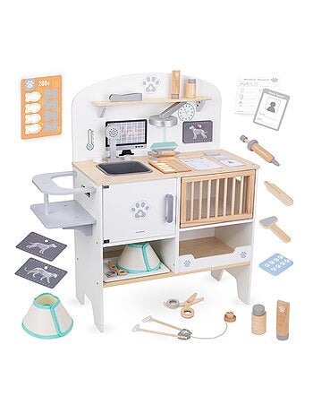 Clínica veterinaria de madera infantil con accesorios médicos y mascota, +3 años