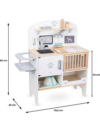 Clínica veterinaria de madera infantil con accesorios médicos y mascota, +3 años