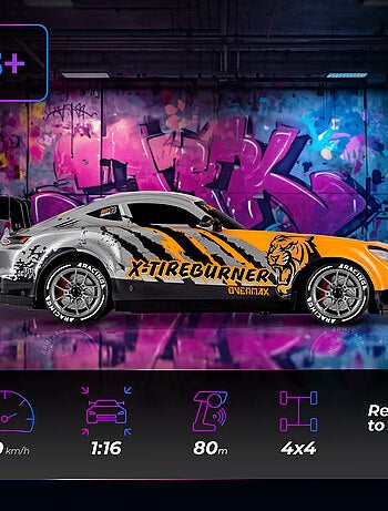 Coche teledirigido OVERMAX - X-Tireburner - 2 carrocerías - Luces LED - Batería de 40 min de duració