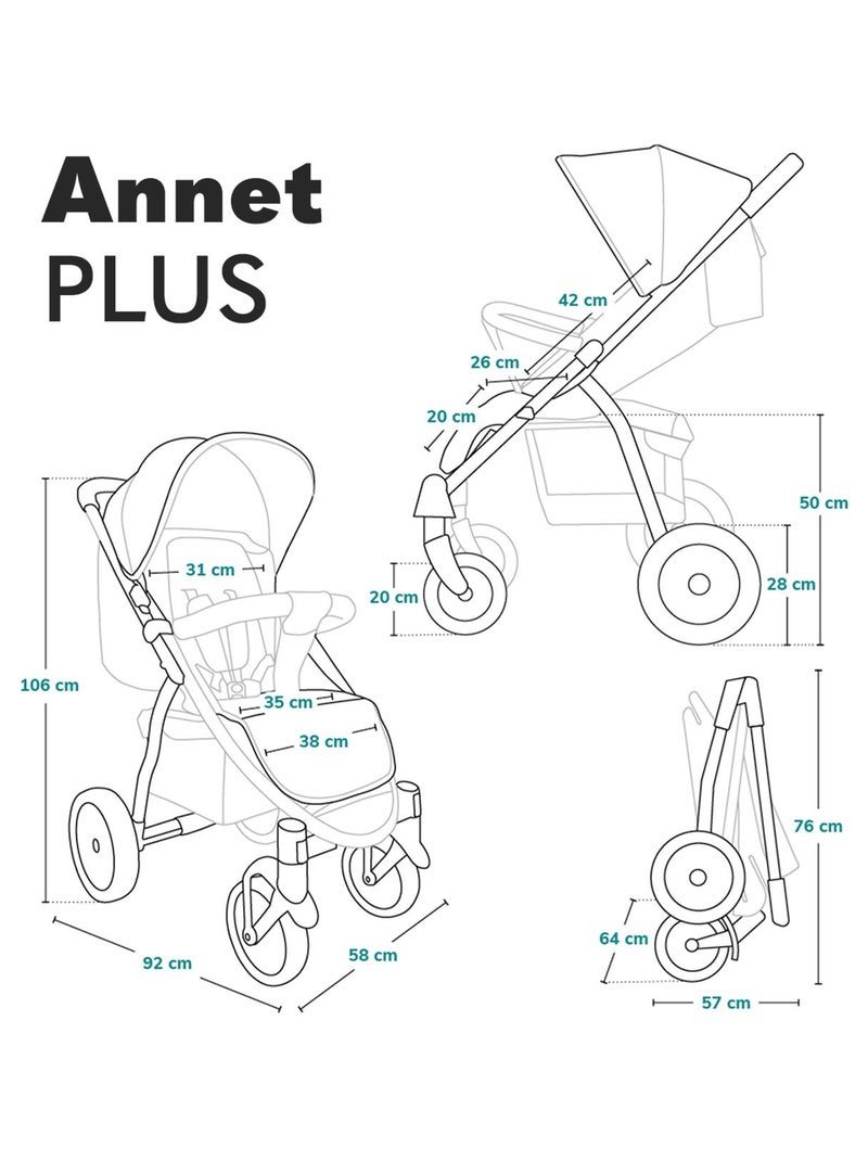Cochecito todoterreno LIONELO Annet Plus - Hasta 22 kg - Ruedas grandes - Accesorios Gris oscuro - Kiabi