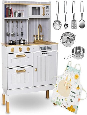 Cocina de madera blanca infantil con accesorios y delantal